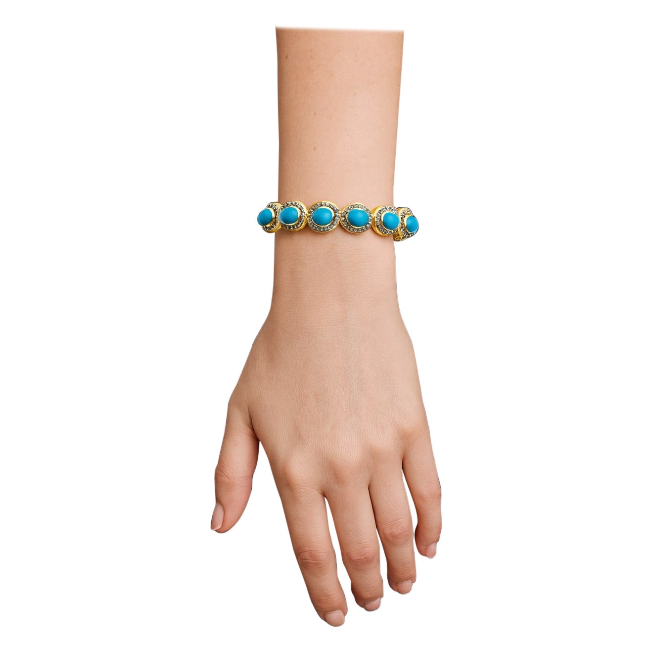 Bochic "Capri" Bracciale vintage con diamanti naturali e turchesi in argento e 18 carati