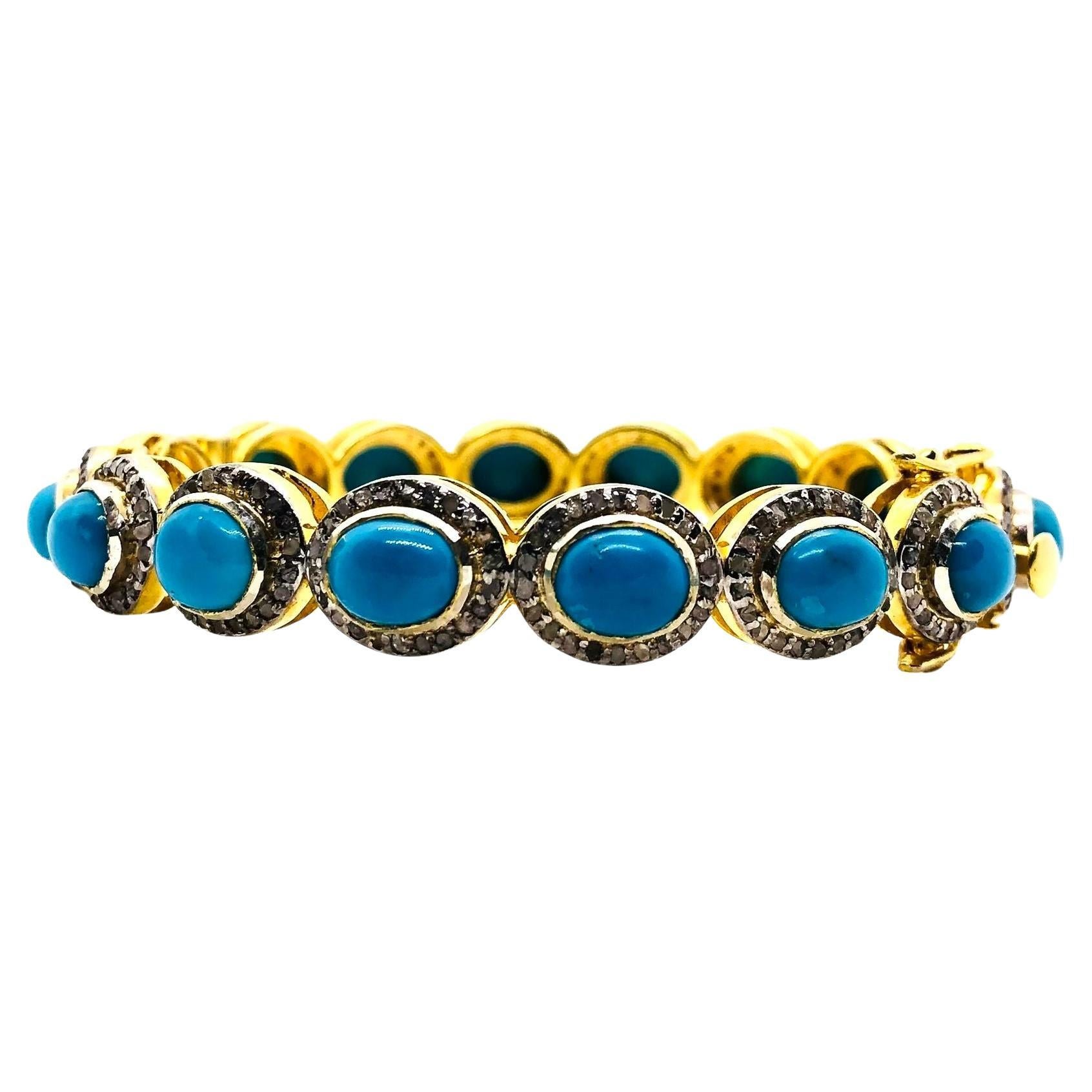 Bochic "Capri" Bracciale vintage con diamanti naturali e turchesi in argento e 18 carati in vendita