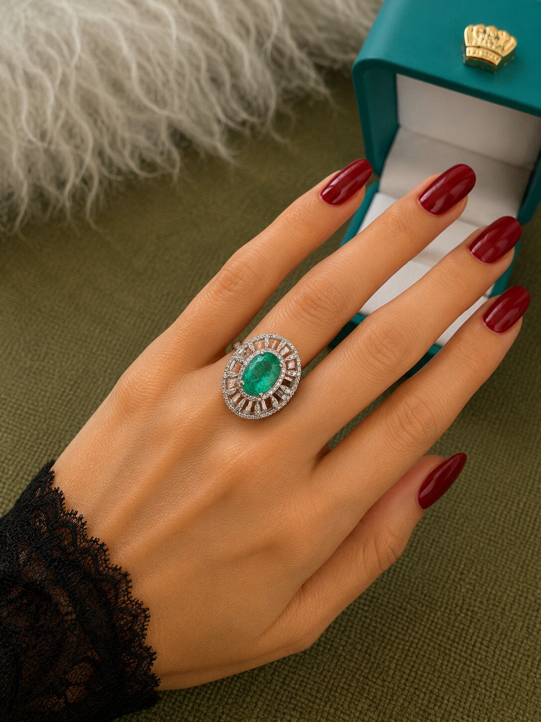 Bochic “Capri” Vintage Natural Emerald & Diamond Ring 18K & Silver “Circa 90s”