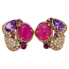 Bochic “Capri” Vintage Natural Red Ruby & Fancy Color Multi Gem Earrings Set in
