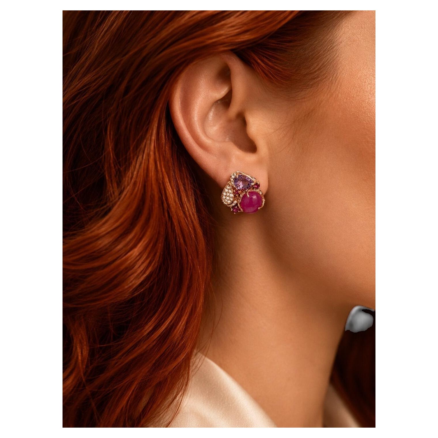 Bochic “Capri” Vintage Natural Red Ruby & Fancy Color Multi Gem Earrings Set in