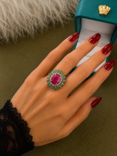 Bague vintage « Capri » de Bochic, avec rubis naturel, émeraude et diamants – Or 18 carats et argent