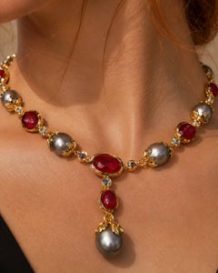 Bochic “Capri” Vintage Natural Ruby, Pearl & Sapphire Necklace 18K Gold & Silver