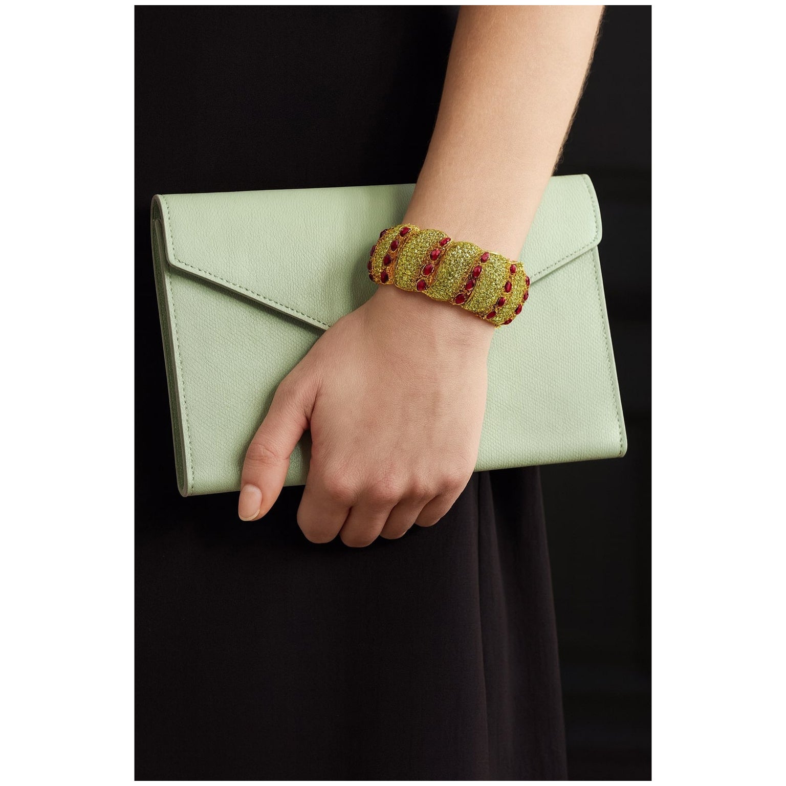 Conjunto de brazalete vintage "Capri" de rubí natural y peridoto en oro de 18 quilates y plata