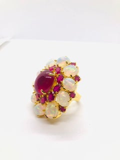 Bochic “Capri” Vintage Natural Ruby & White Opal Retro Ring Set In 18K Gold & S