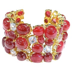 Bochic “Capri” Vintage Natural Ruby & White Topaz Cuff Set In 18K Gold & Silver