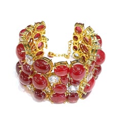 Bochic “Capri” Vintage Natural Ruby & White Topaz Cuff Set In 18K Gold & Silver