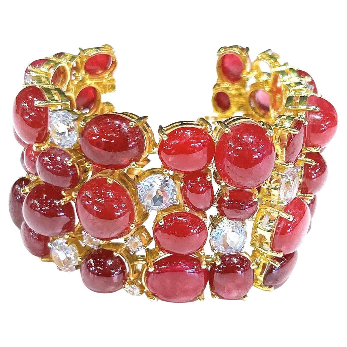 Bochic "Capri" Bracciale vintage con rubino naturale e topazio bianco in oro e argento 18 carati