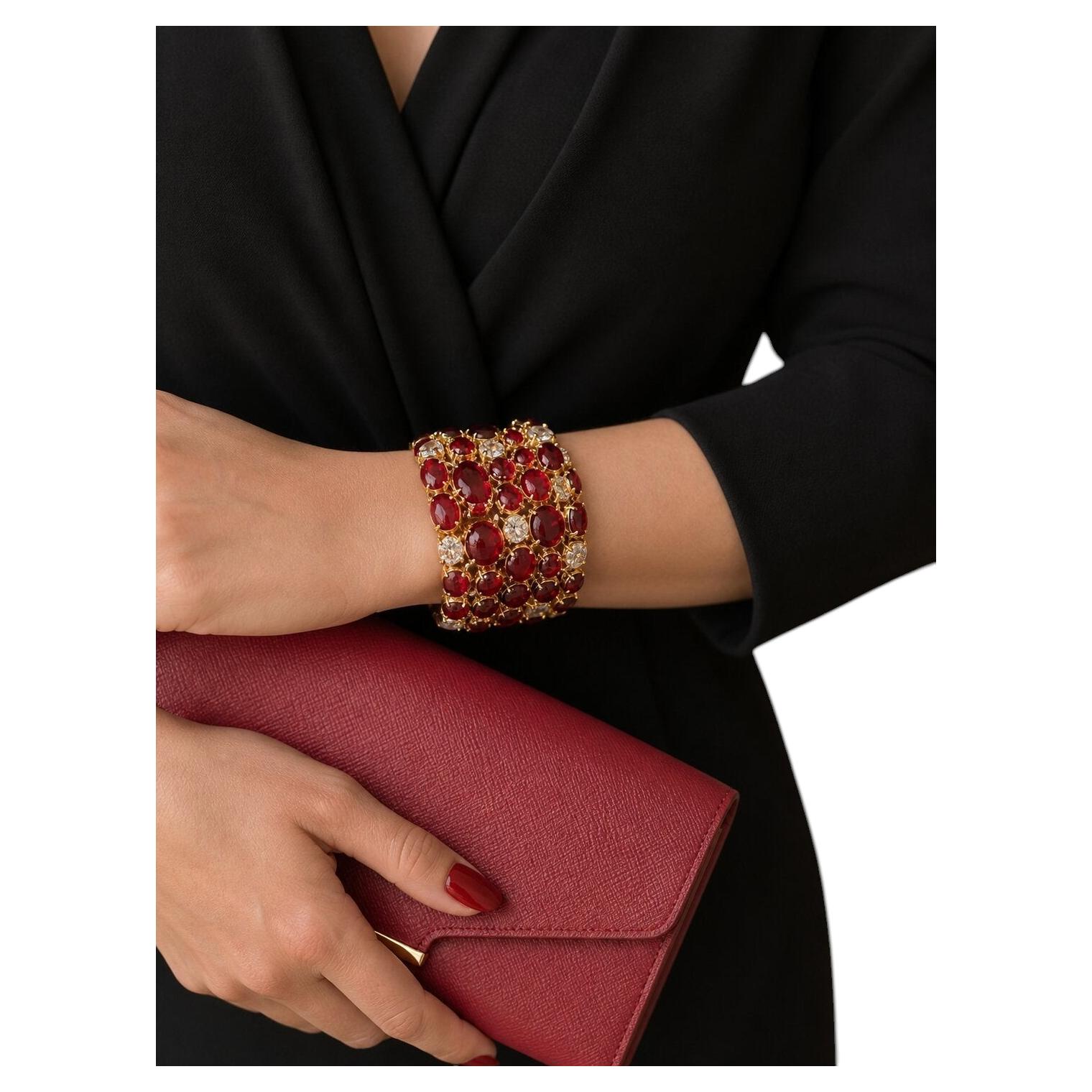 Bochic “Capri” Vintage Natural Ruby & White Topaz Cuff Set In 18K Gold & Silver