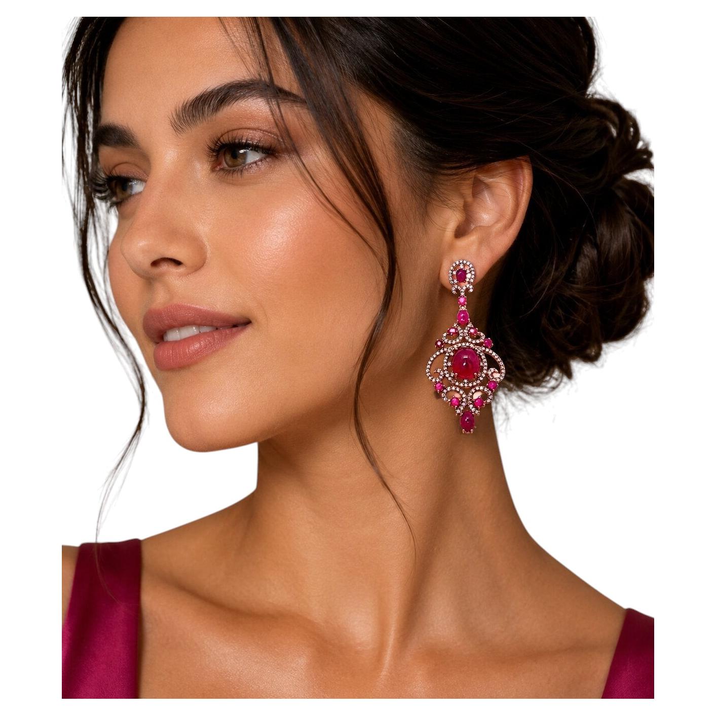 Bochic “Capri” Vintage Natural Ruby & White Topaz Earrings 18K Gold & Silver
