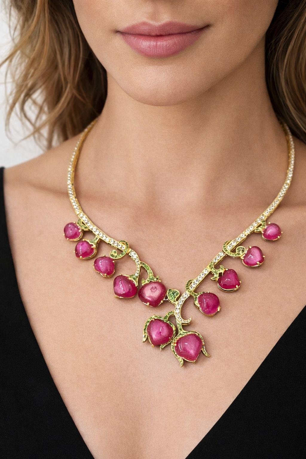 Bochic “capri” Vintage Natural Ruby, White Topaz & Peridot Necklace View 4