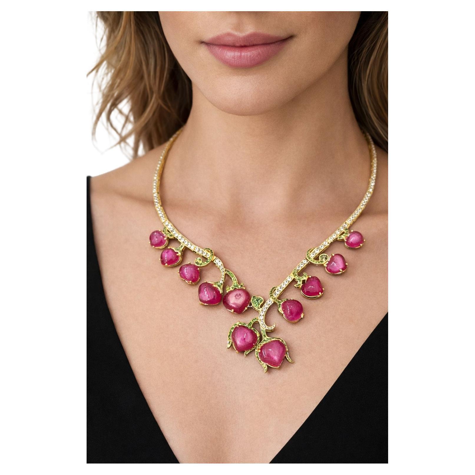 Bochic “Capri” Vintage Natural Ruby, White Topaz & Peridot Necklace