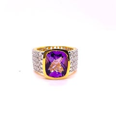 Bochic “Capri” Vintage Natural White Sapphire & Amethyst Ring 18K Gold & Silver