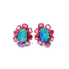 Bochic “Capri” Vintage Opal & Multi Ruby Earrings Set In 18K Gold & Silver
