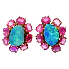 Bochic “Capri” Vintage Opal & Multi Ruby Earrings Set In 18K Gold & Silver
