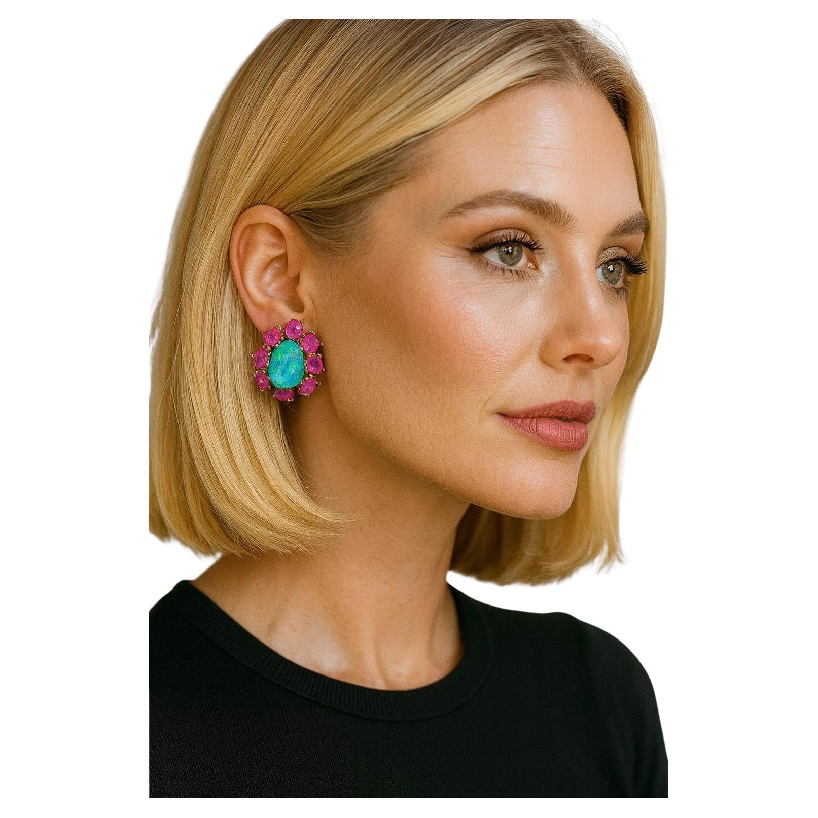 Bochic "Capri" Vintage Opal & Multi Rubin Ohrringe Set in 18K Gold & Silber im Angebot