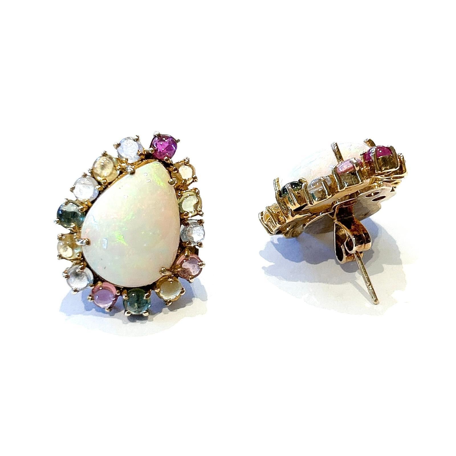 Pear Cut Bochic “Capri” Vintage Opal & Multi Tourmaline Earrings Set In 18K Gold & Silver For Sale