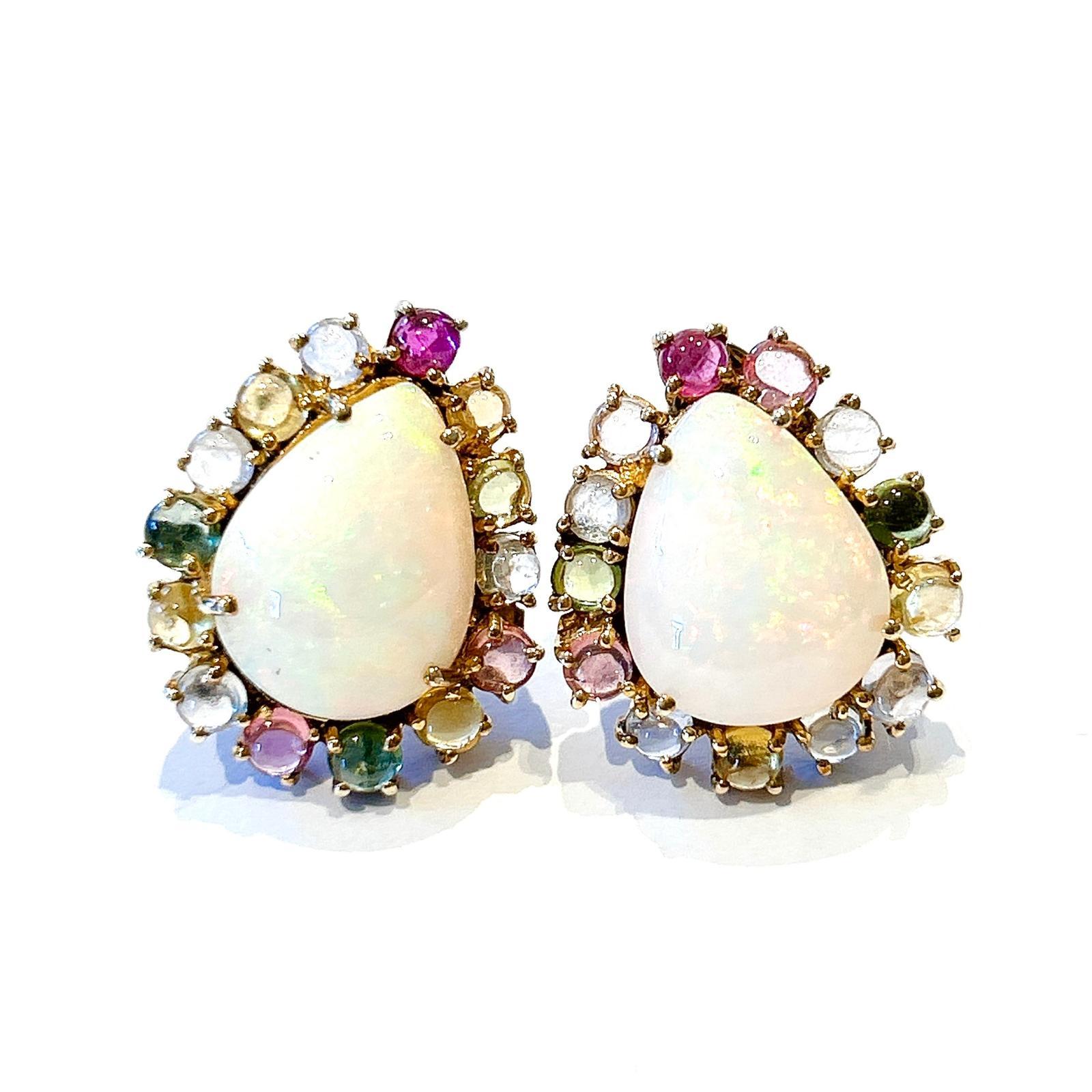 Bochic “Capri” Vintage Opal & Multi Tourmaline Earrings Set In 18K Gold & Silver For Sale 2