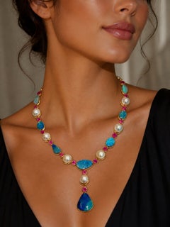 Bochic “Capri” Vintage Opal, Natural Ruby & Pearl Necklace 18K & Silver