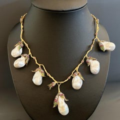 Bochic “Capri” Vintage Pearl, Ruby & Multi Gem Necklace Set in 18K & Silver