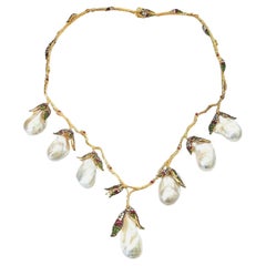 Bochic “Capri” Vintage Pearl, Ruby & Multi Gem Necklace Set in 18K & Silver