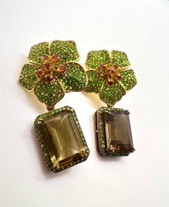 Boucles d'oreilles Vintage "Capri" Péridot, Rhodilte et Quarts de Fumée Or 18K et Silv...