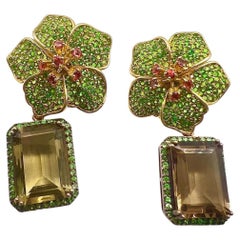Boucles d'oreilles Vintage "Capri" Péridot, Rhodilte et Quarts de Fumée Or 18K et Silv...