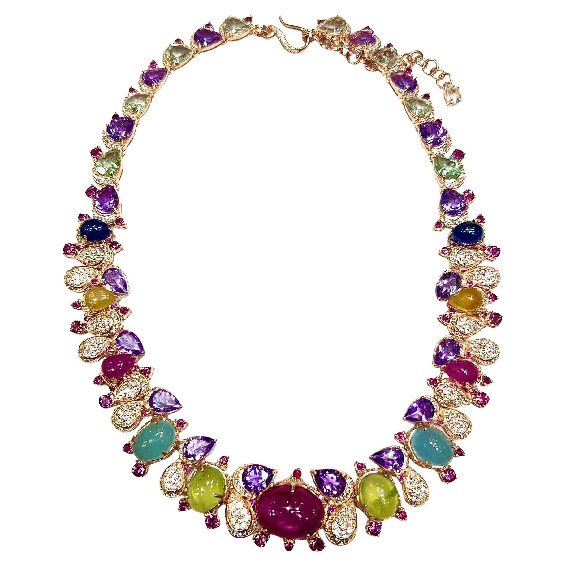 Bochic “Capri” Vintage Red Ruby 
Yellow Sapphire Necklace Set in 18K 
Silver For Sale