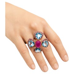 Bochic “Capri” Vintage Ruby, Amethyst & Blue Topaz Ring Set In 18K Gold & Silver