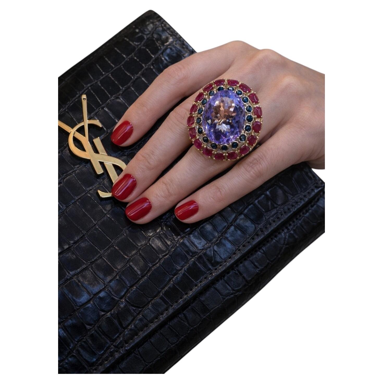 Bochic “Capri” Vintage Ruby, Amethyst & Multi Sapphire Ring - 18K Gold & Silver For Sale