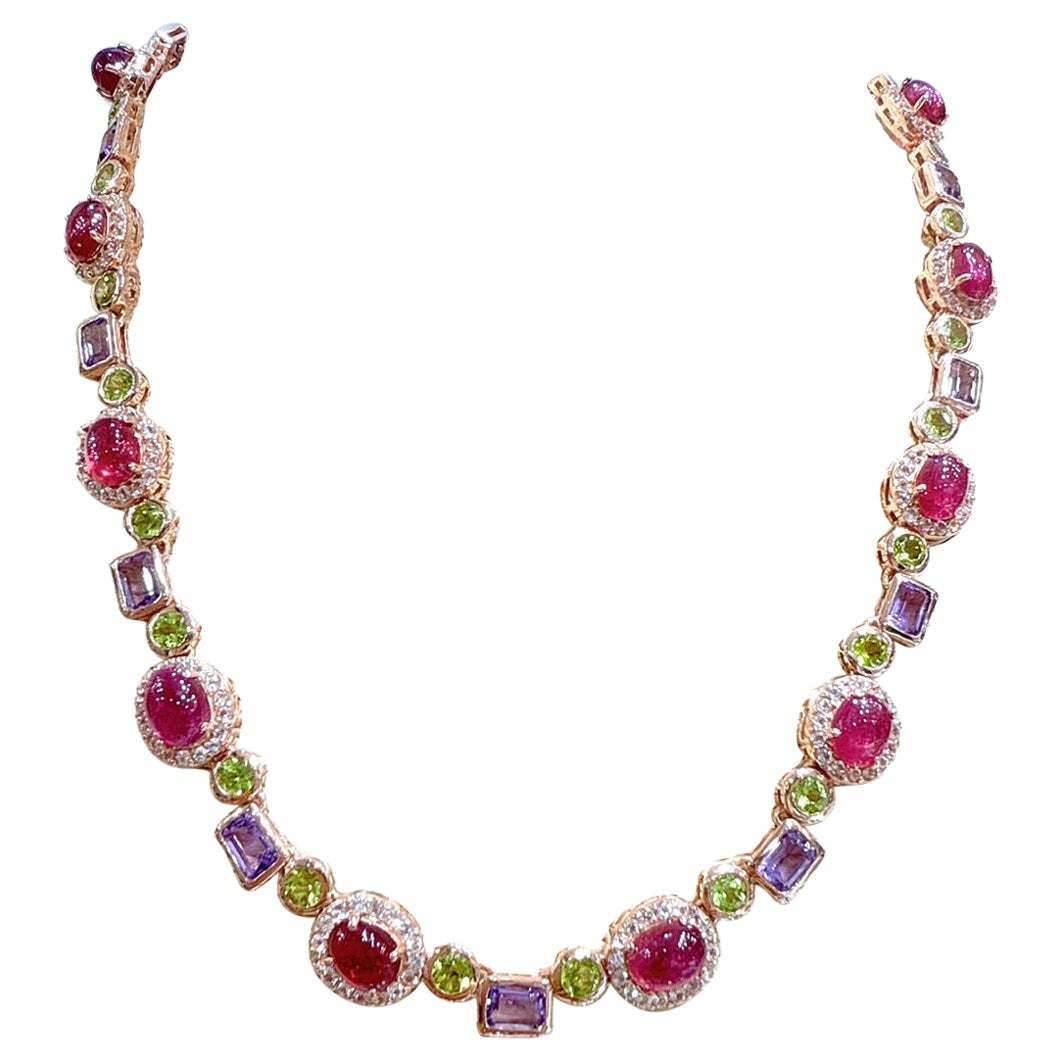 Classical Roman Bochic “Capri” Vintage Ruby, Amethyst, Peridot Necklace In 18K Gold & Silver For Sale