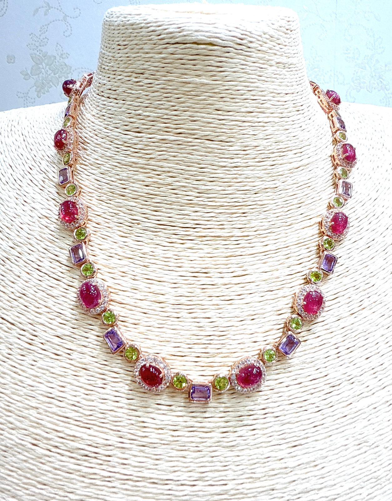 Brilliant Cut Bochic “Capri” Vintage Ruby, Amethyst, Peridot Necklace In 18K Gold & Silver For Sale