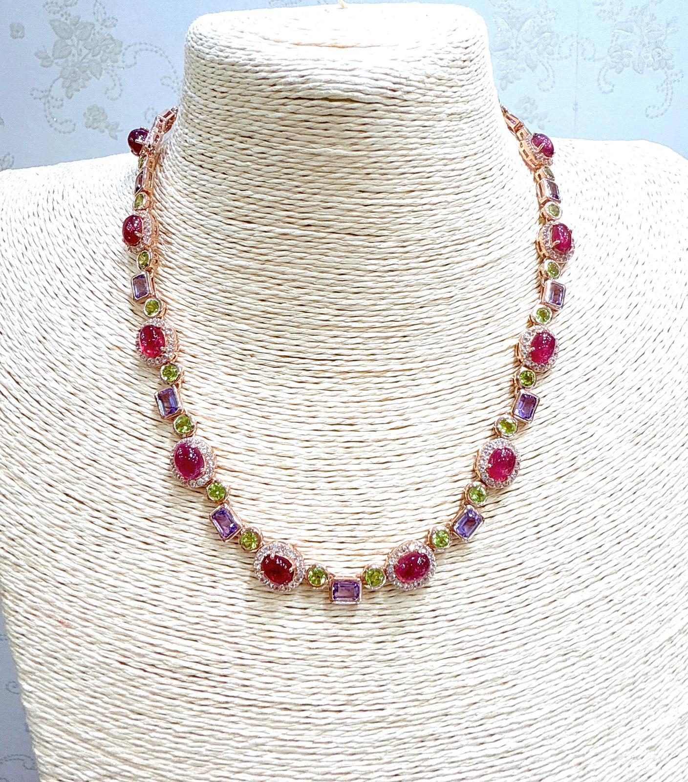 Women's or Men's Bochic “Capri” Vintage Ruby, Amethyst, Peridot Necklace In 18K Gold & Silver For Sale