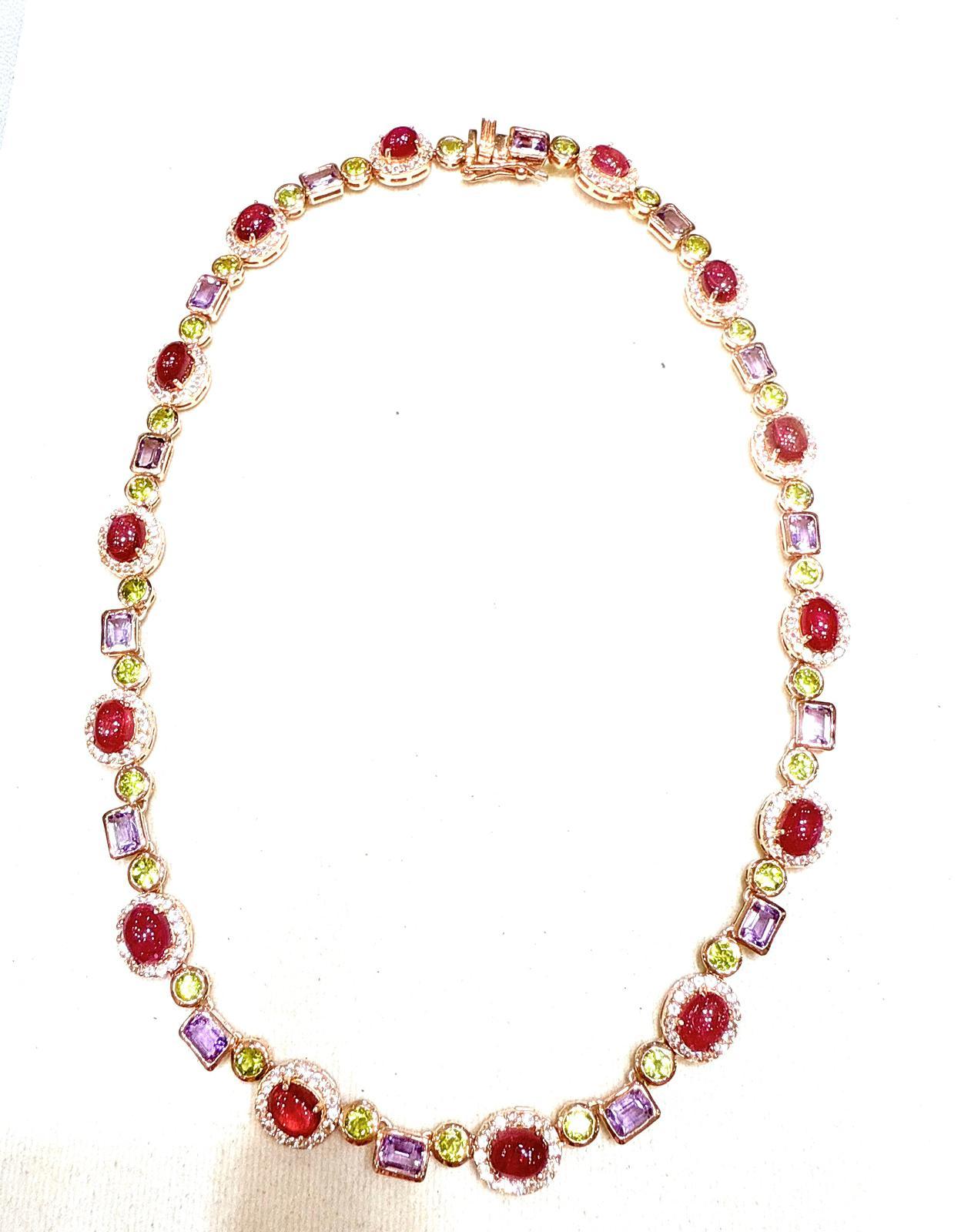 Bochic “Capri” Vintage Ruby, Amethyst, Peridot Necklace In 18K Gold & Silver For Sale 1