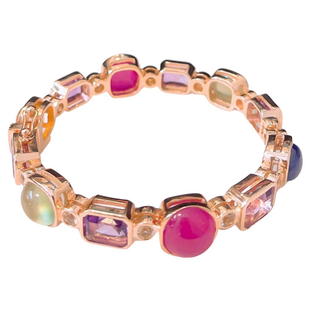 Bochic “Capri” Vintage Ruby, Amethyst & Sapphire Bangle - 18K Gold & silver For Sale