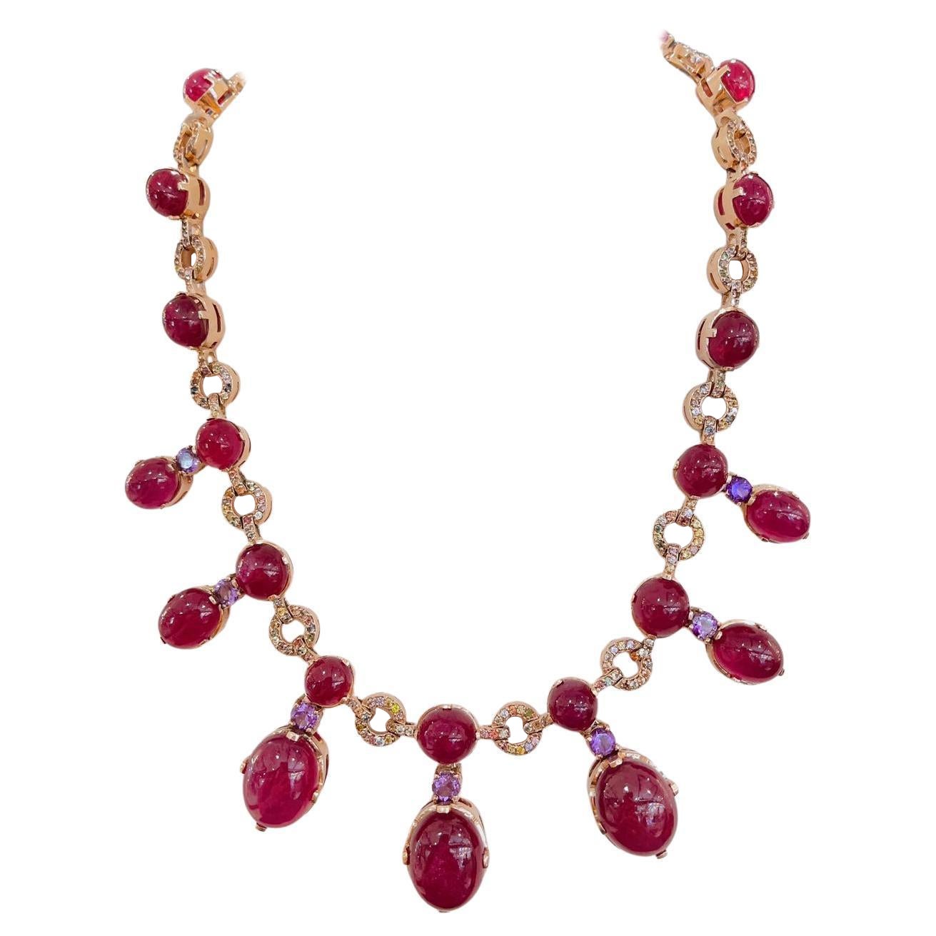 Bochic “Capri” Vintage Ruby, Amethyst & Sapphire Necklace 18K Gold -Silver For Sale
