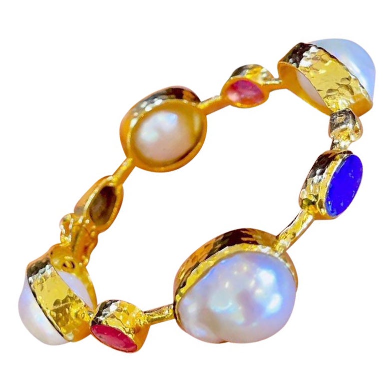 Bochic “Capri” Vintage Ruby, Blue Opal & South Sea Pearl Bangle in 18K Gold & S