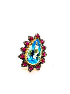 Bochic “Capri” Vintage Ruby, Blue Topaz & Diamond Ring Set In 18K Gold & Silver