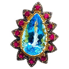 Bochic “Capri” Vintage Ruby, Blue Topaz & Diamond Ring Set In 18K Gold & Silver