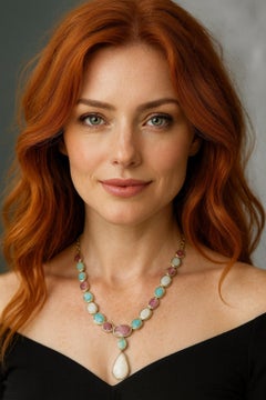 Bochic “Capri” Vintage Ruby & Blue, White Opal Necklace Set In 18K Gold & Silver