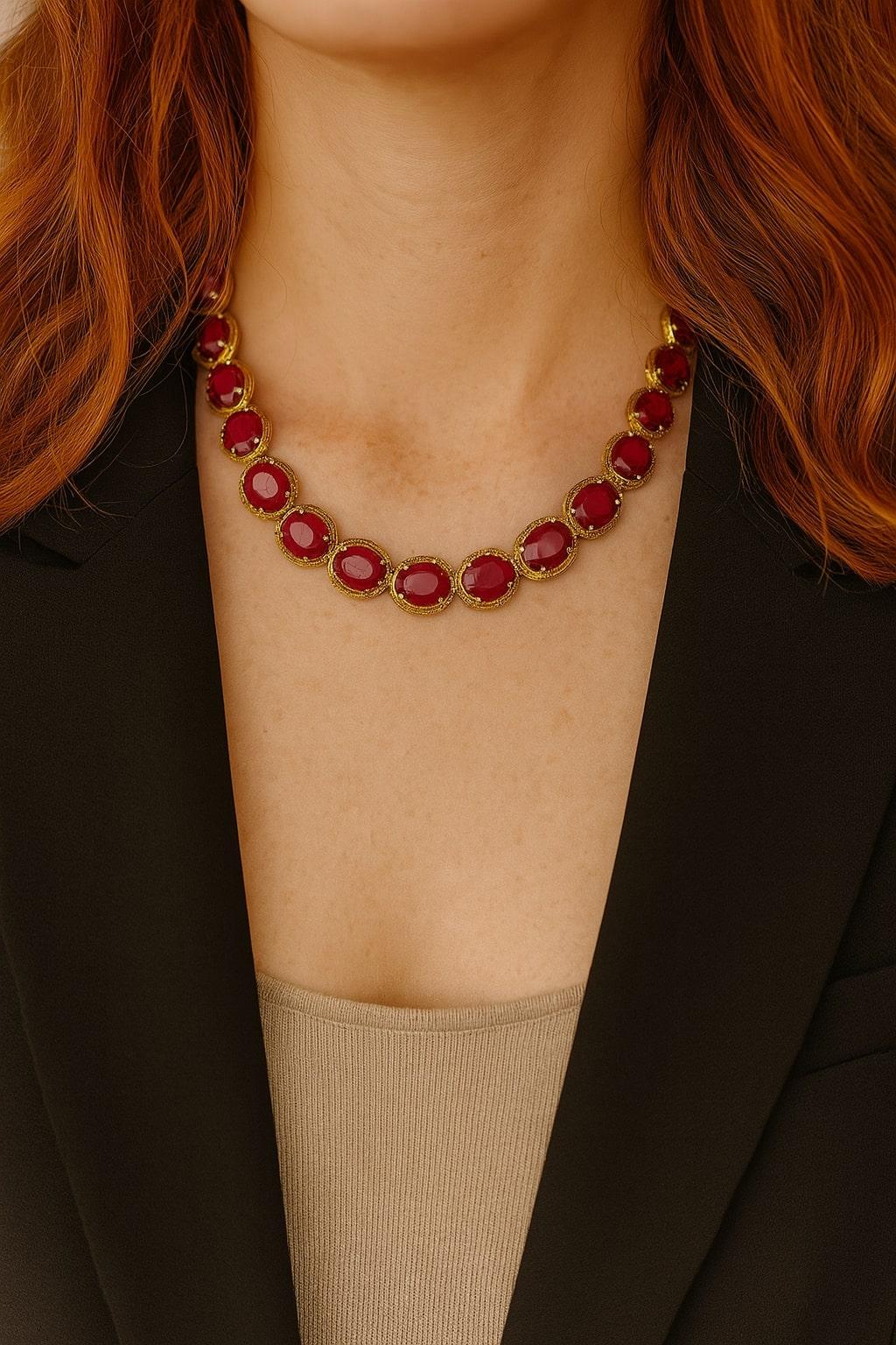Bochic “Capri”  Vintage Ruby & Diamond Necklace & Earring Set 18K Gold & Silver For Sale 7