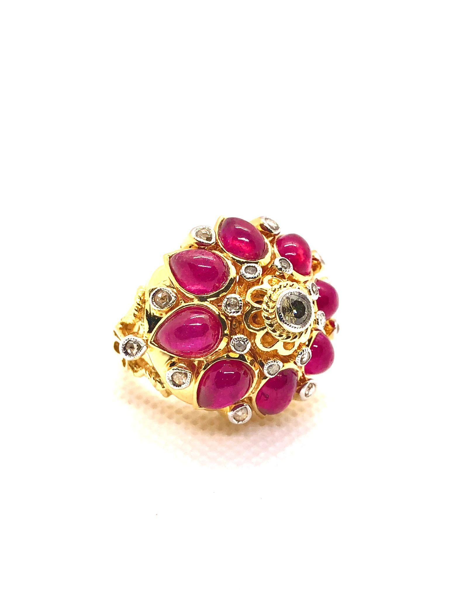 Bochic “Capri” Vintage Ruby & Diamond Ring Set In 18K Gold & Silver For Sale 1