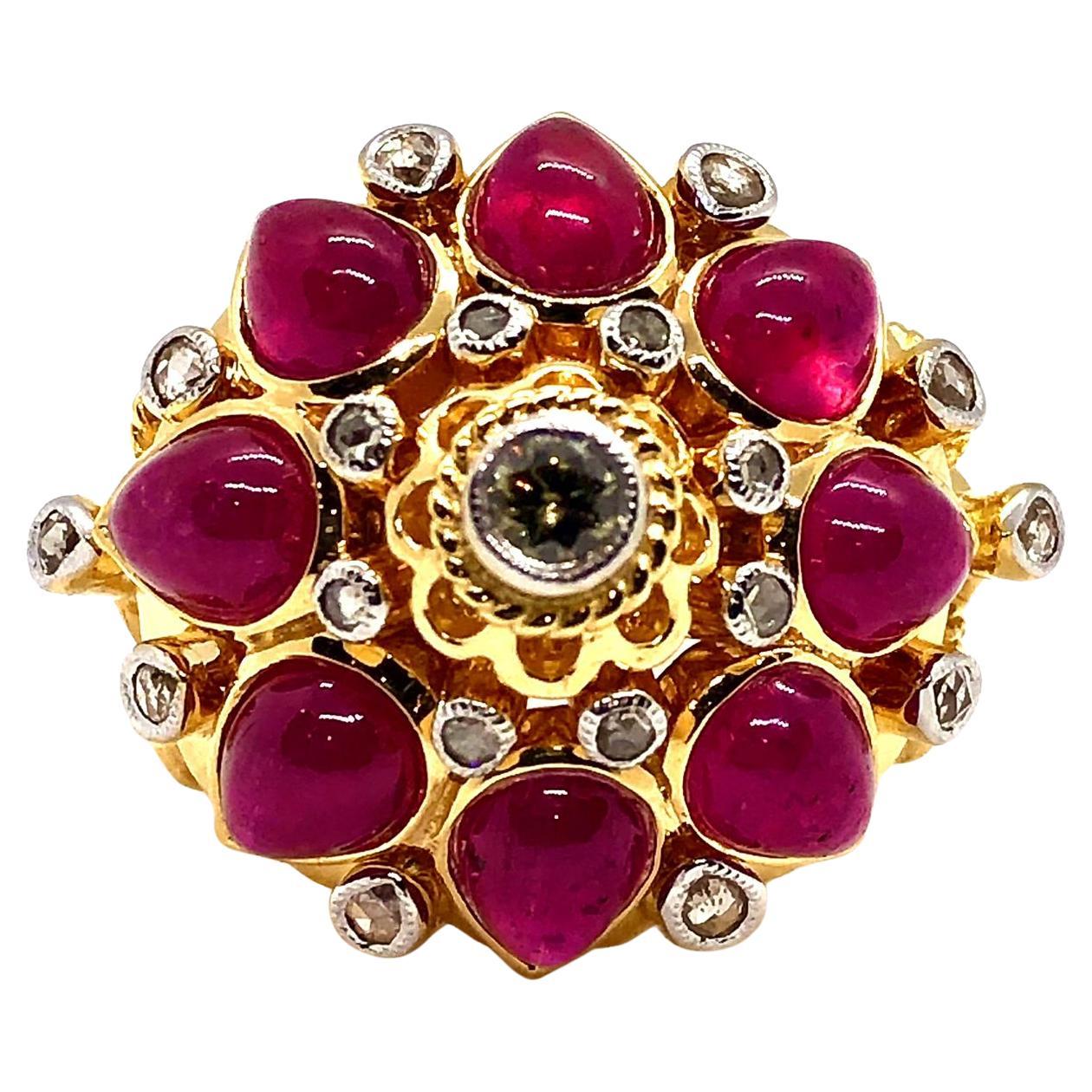 Bochic “Capri” Vintage Ruby & Diamond Ring Set In 18K Gold & Silver For Sale