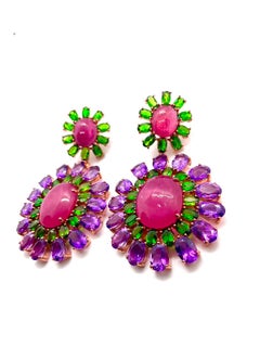 Bochic “Capri” Vintage Ruby, Diopside & Amethyst Earrings - 18K Gold & Silver