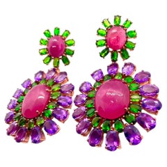 Bochic “Capri” Vintage Ruby, Diopside & Amethyst Earrings - 18K Gold & Silver