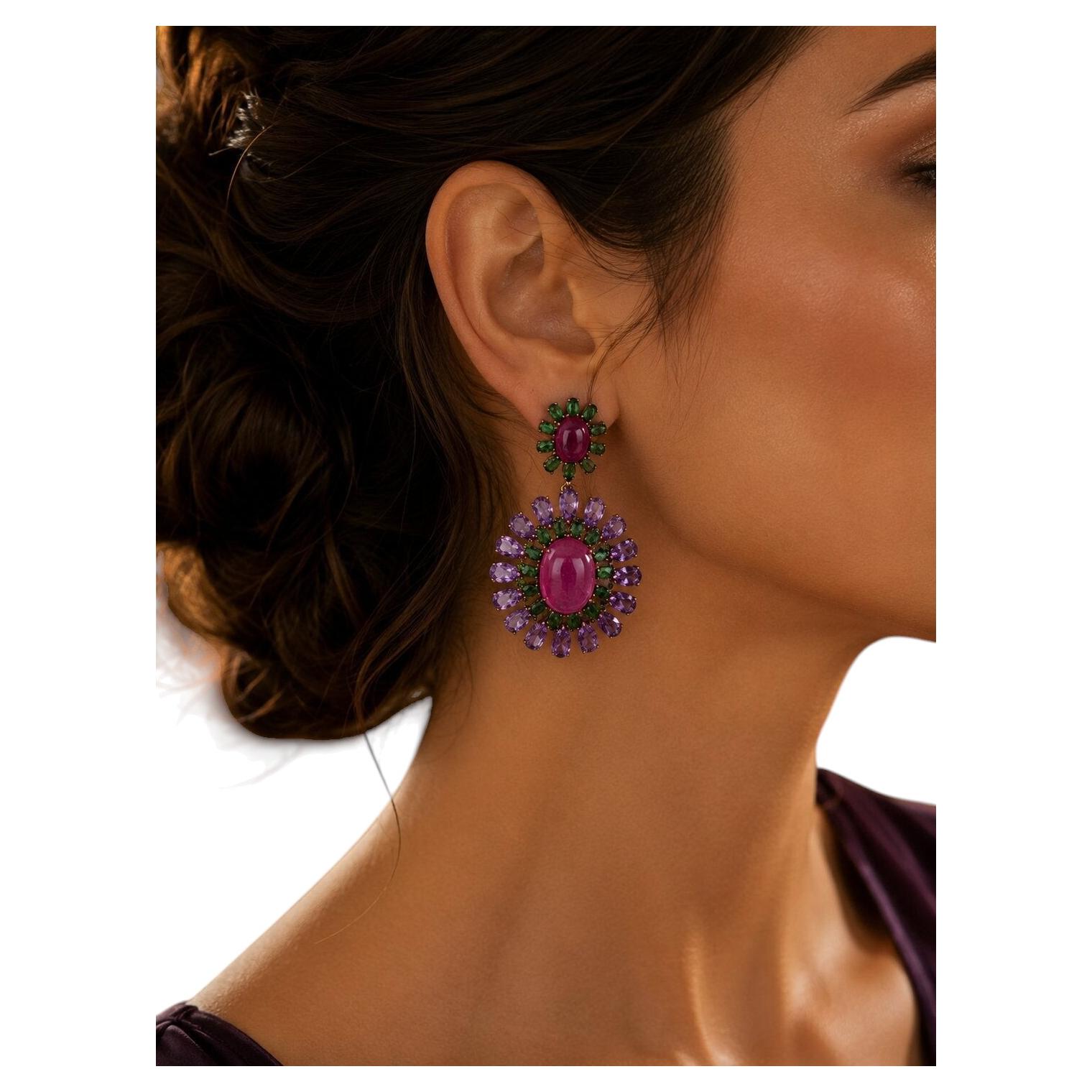 Bochic “Capri” Vintage Ruby, Diopside & Amethyst Earrings - 18K Gold & Silver