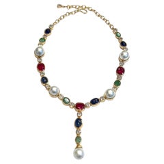 Bochic “Capri” Vintage Ruby, Emerald & Blue Sapphire Necklace Set In 18K & Silve