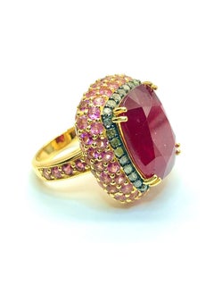 Bochic “Capri” Vintage Ruby, Emerald & Pink Sapphire Ring Set 18K Gold & Silver