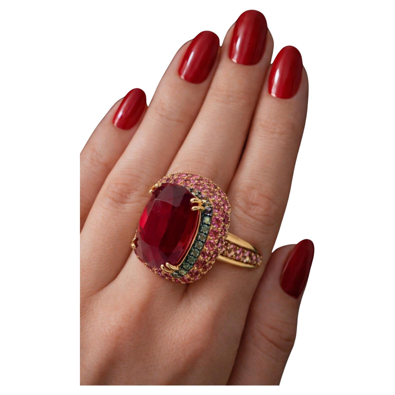 Bochic "Capri" Bague Vintage Rubis, Emeraude et Saphir Rose Or et Argent 18K