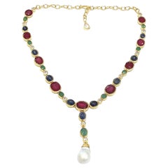 Bochic "Capri" Collier Vintage en argent 18 carats, rubis, émeraudes et saphirs